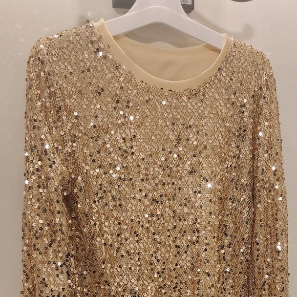 Elegant Golden Crew Neck with Sparkling Dots, Long Sleeve, Stretchy Polyester Bl - Picture 2 of 11